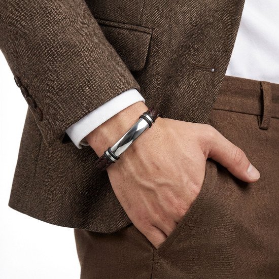 İsim yazılabilir kahverengi deri ve çelik detaylı erkek bileklik