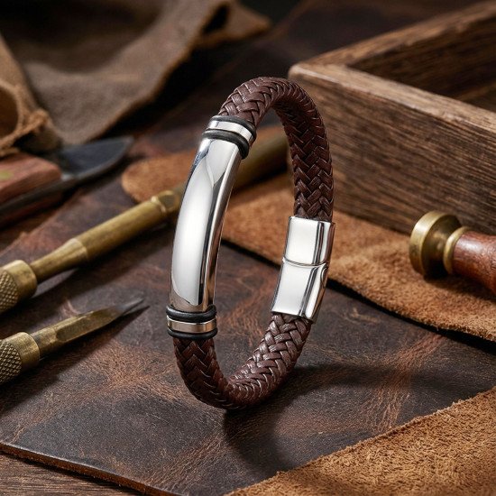 İsim yazılabilir kahverengi deri ve çelik detaylı erkek bileklik