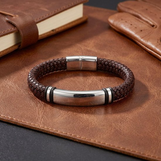 İsim yazılabilir kahverengi deri ve çelik detaylı erkek bileklik