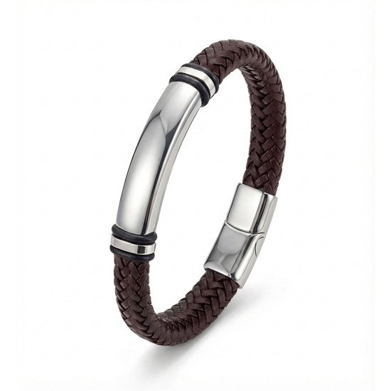 İsim yazılabilir kahverengi deri ve çelik detaylı erkek bileklik