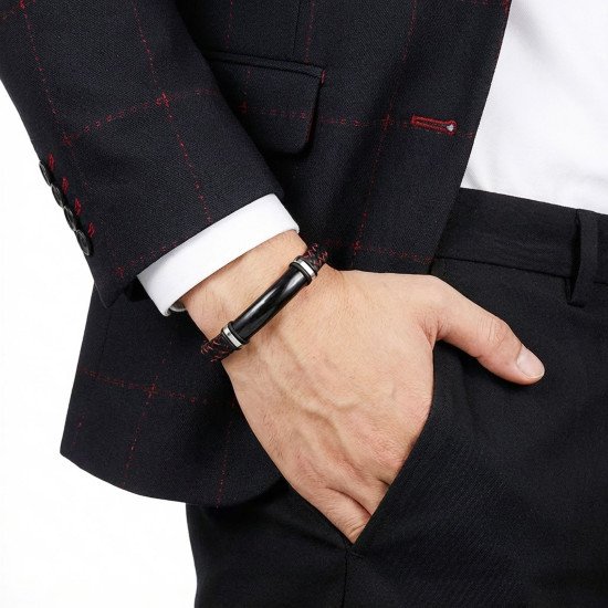 İsim yazılabilir kırmızı siyah deri erkek bileklik