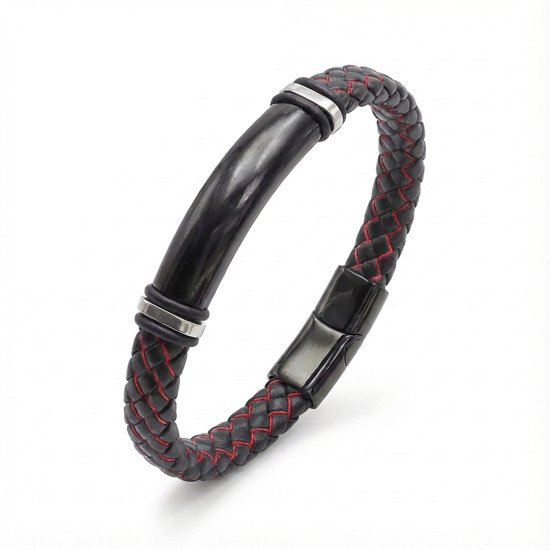 İsim yazılabilir kırmızı siyah deri erkek bileklik