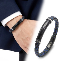İsim Yazılabilir Mavi Siyah Örgü Deri Erkek Bileklik