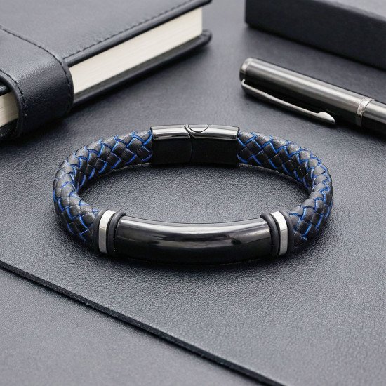 İsim yazılabilir mavi siyah örgü deri erkek bileklik