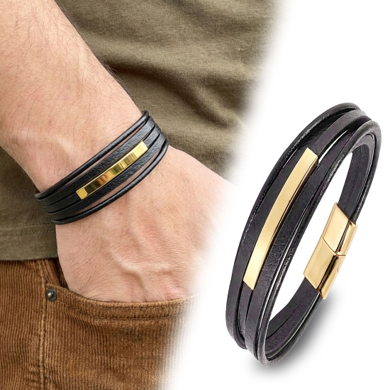 Sarı Titanyum Plakalı İsim Yazılabilir Çoklu Siyah Deri Erkek Bileklik