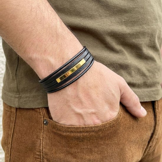 Sarı Titanyum Plakalı İsim Yazılabilir Çoklu Siyah Deri Erkek Bileklik