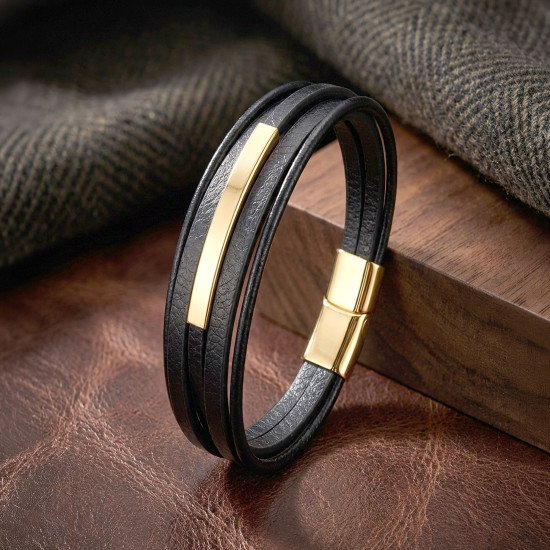 Sarı Titanyum Plakalı İsim Yazılabilir Çoklu Siyah Deri Erkek Bileklik