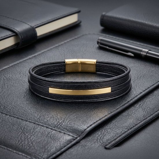 Sarı Titanyum Plakalı İsim Yazılabilir Çoklu Siyah Deri Erkek Bileklik