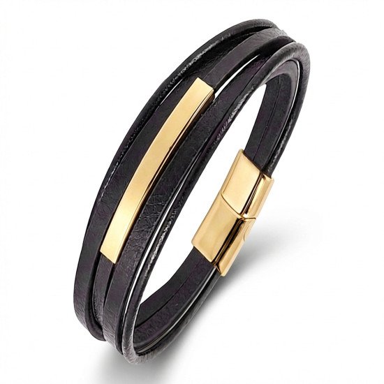 Sarı Titanyum Plakalı İsim Yazılabilir Çoklu Siyah Deri Erkek Bileklik