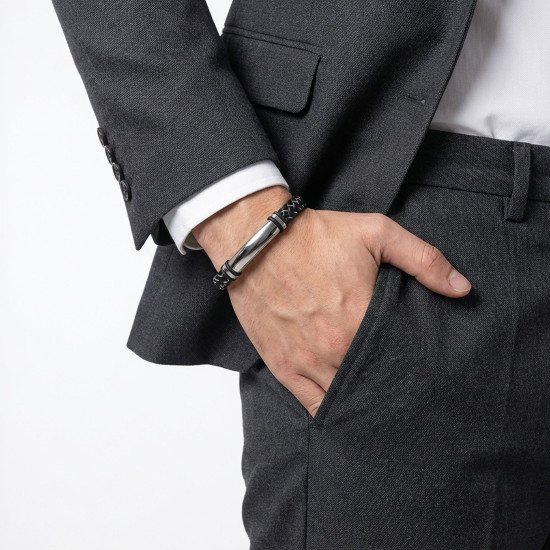 İsim yazılabilir siyah beyaz deri ve beyaz çelik erkek bileklik