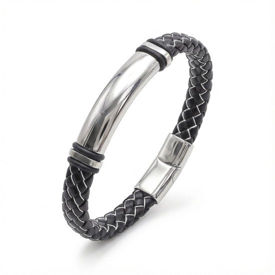 İsim yazılabilir siyah beyaz deri ve beyaz çelik erkek bileklik