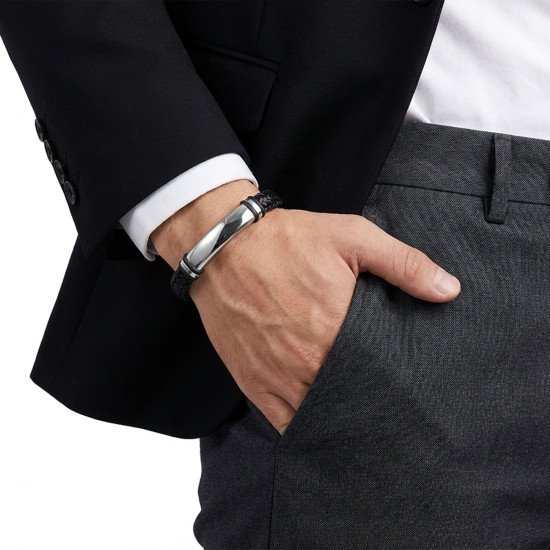 İsim yazılabilir örgü siyah deri erkek bileklik