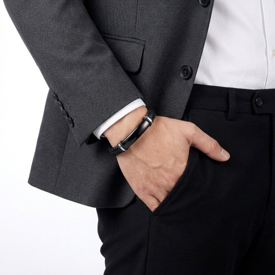 İsim yazılabilir örgü siyah deri erkek bileklik siyah detaylı