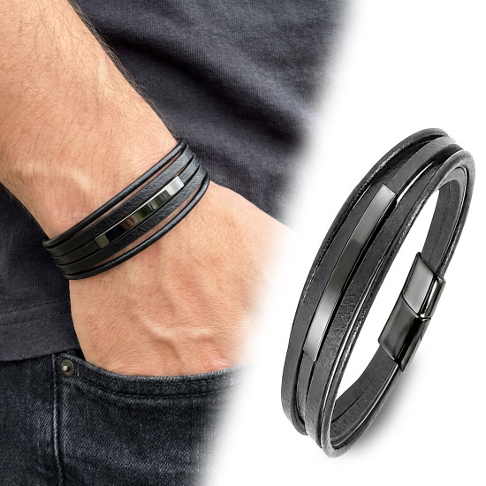 Siyah Titanyum Plaka İsim Yazılabilir Çoklu Deri Erkek Bileklik