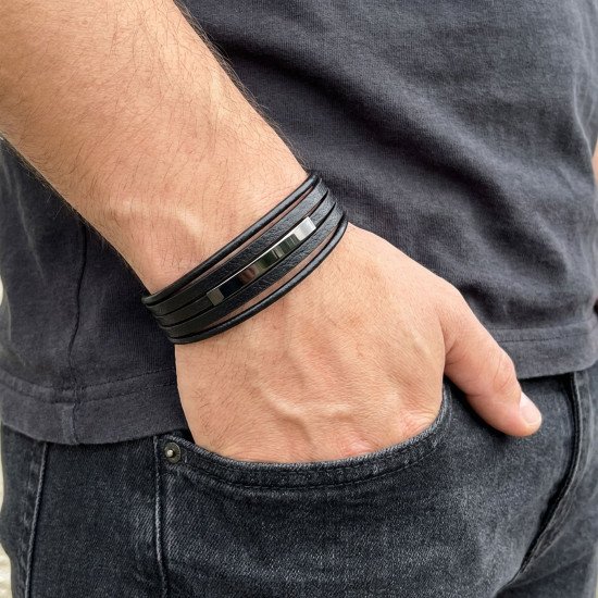 Siyah Titanyum Plaka İsim Yazılabilir Çoklu Deri Erkek Bileklik