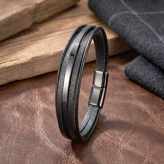Siyah Titanyum Plaka İsim Yazılabilir Çoklu Deri Erkek Bileklik