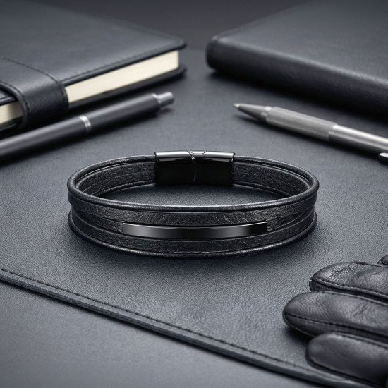 Siyah Titanyum Plaka İsim Yazılabilir Çoklu Deri Erkek Bileklik