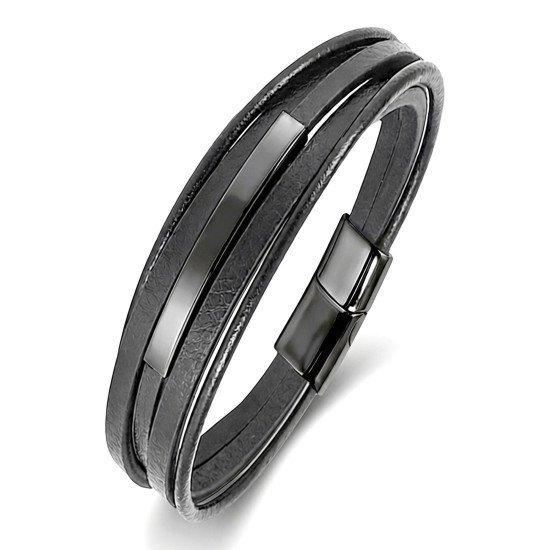 Siyah Titanyum Plaka İsim Yazılabilir Çoklu Deri Erkek Bileklik