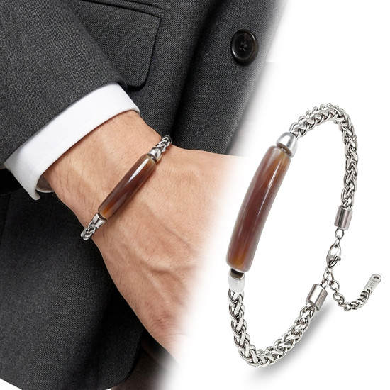 Kahve Akik Doğal Taşlı Ayarlanabilir Çelik Zincir Erkek Bileklik - Casera's kahve akik doğal taşlı ayarlanabilir çelik zincir erkek bileklik