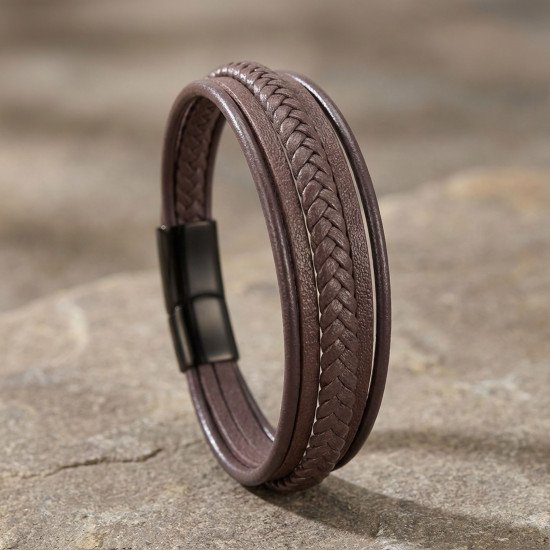 Kahverengi çoklu katmanlı doğal deri erkek bileklik
