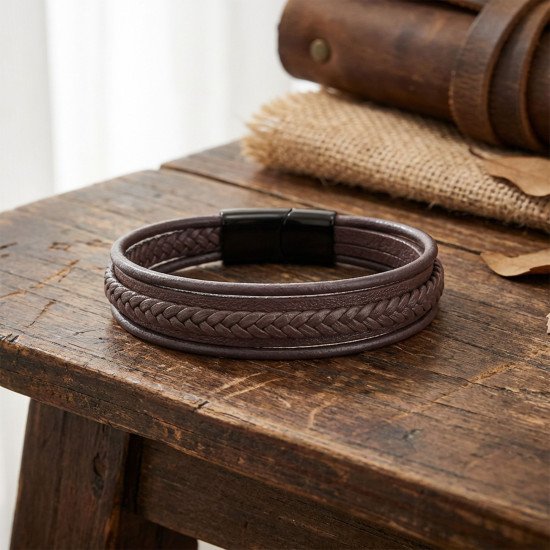 Kahverengi çoklu katmanlı doğal deri erkek bileklik