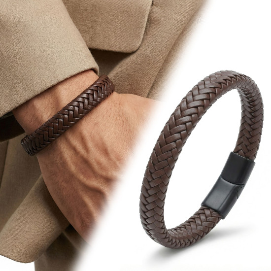 Kahverengi El Örgüsü Deri Erkek Bileklik