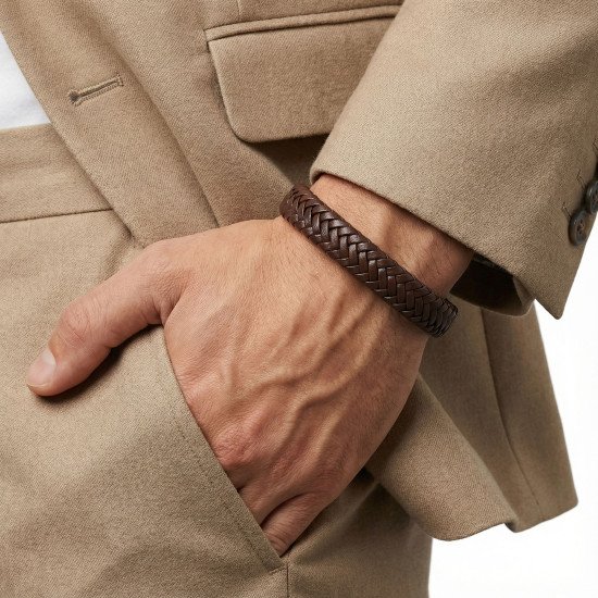 Kahverengi El Örgüsü Deri Erkek Bileklik