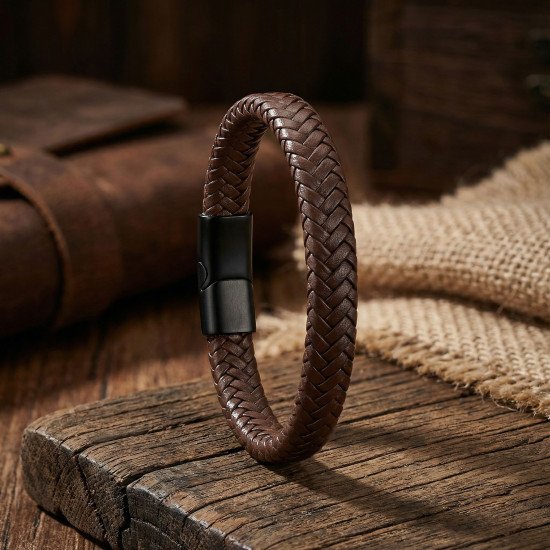 Kahverengi El Örgüsü Deri Erkek Bileklik