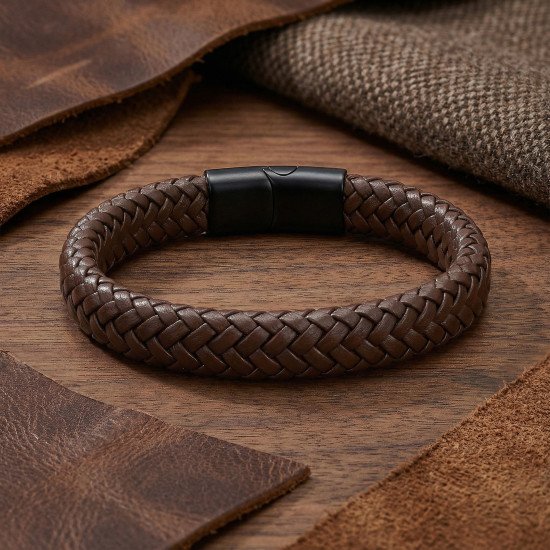 Kahverengi El Örgüsü Deri Erkek Bileklik
