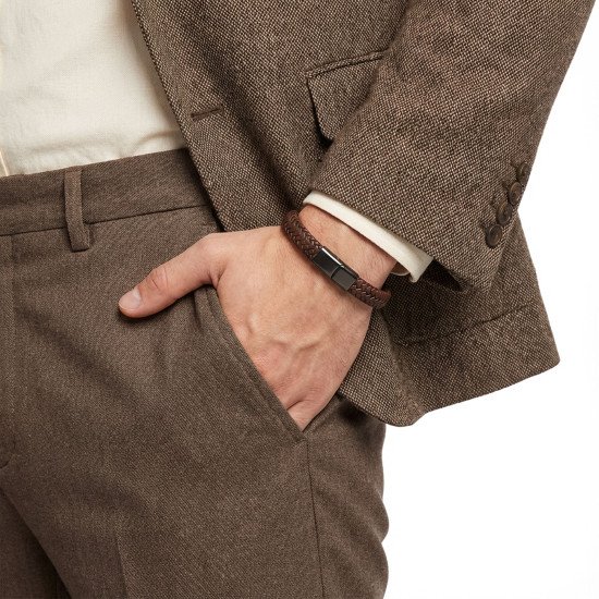 Kahverengi örgü desenli deri ve çelik erkek bileklik
