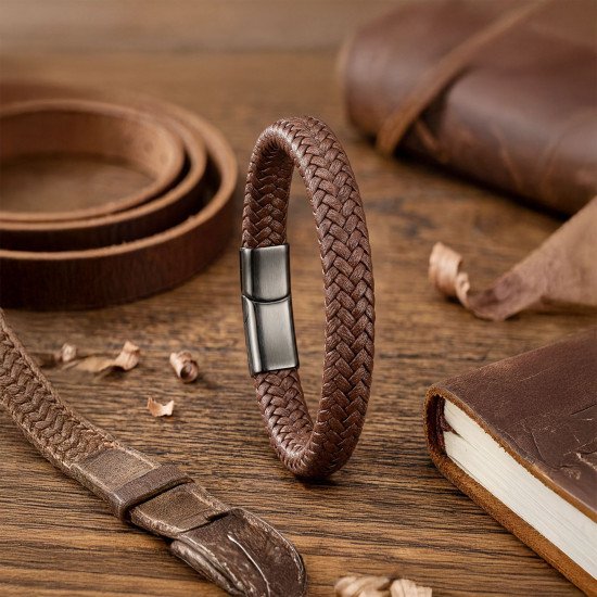 Kahverengi örgü desenli deri ve çelik erkek bileklik