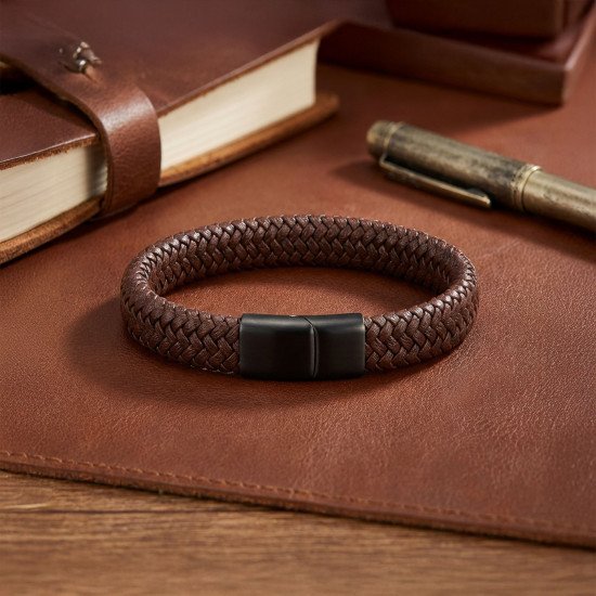 Kahverengi örgü desenli deri ve çelik erkek bileklik