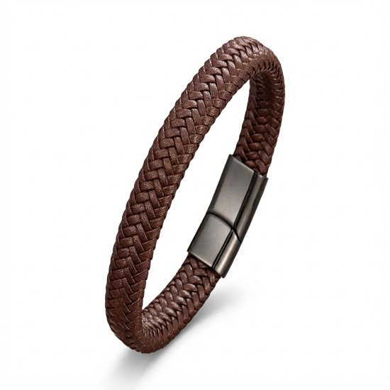 Kahverengi örgü desenli deri ve çelik erkek bileklik
