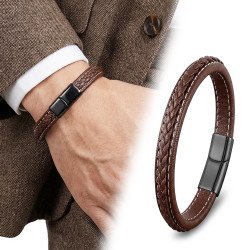 Kahve & Kahve Saç Örgülü Deri Ve Çelik Bileklik