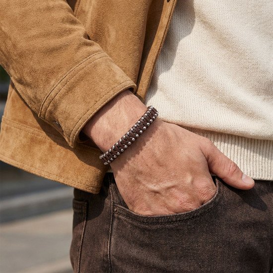 Kahverengi El Örgüsü Deri Damla Çelik Erkek Bileklik