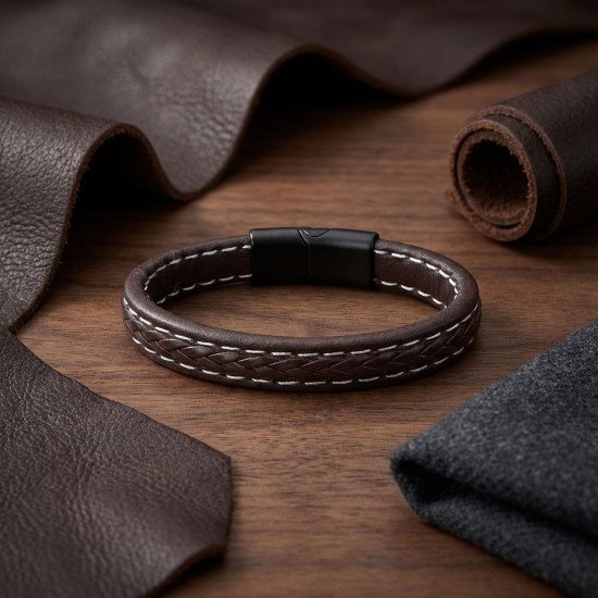Kahverengi Örgü Deri ve Kontrast Dikiş Detaylı Erkek Bileklik