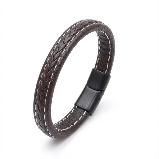 Kahverengi Örgü Deri ve Kontrast Dikiş Detaylı Erkek Bileklik