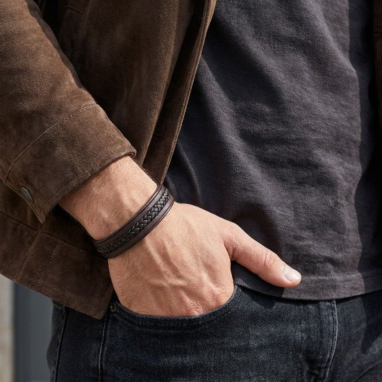 kahve siyah çoklu deri erkek bileklik