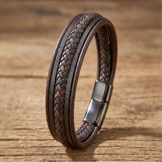 kahve siyah çoklu deri erkek bileklik