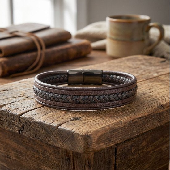 kahve siyah çoklu deri erkek bileklik