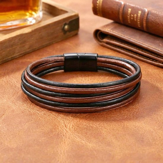 Kahverengi Siyah Çoklu Deri Erkek Bileklik Kahverengi Siyah Çoklu Deri Erkek Bileklik