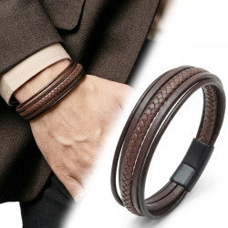 Kahverengi Çoklu El Örgüsü ve Düz Deri Erkek Bileklik