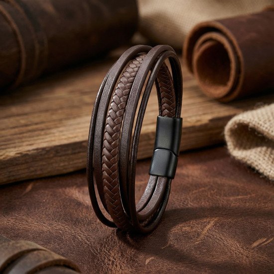 Kahverengi Çoklu El Örgüsü ve Düz Deri Erkek Bileklik Kahverengi Çoklu El Örgüsü ve Düz Deri Erkek Bileklik