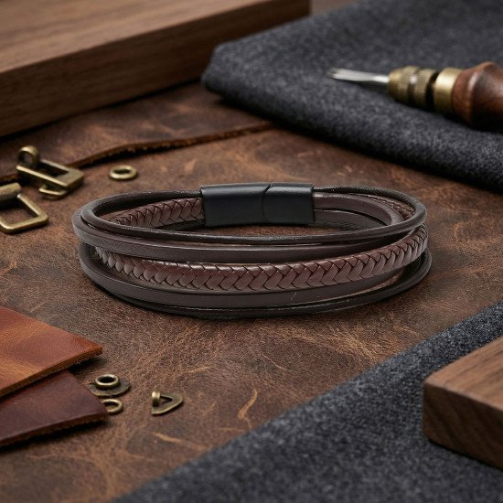 Kahverengi Çoklu El Örgüsü ve Düz Deri Erkek Bileklik Kahverengi Çoklu El Örgüsü ve Düz Deri Erkek Bileklik