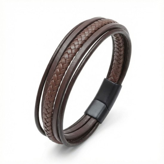 Kahverengi Çoklu El Örgüsü ve Düz Deri Erkek Bileklik Kahverengi Çoklu El Örgüsü ve Düz Deri Erkek Bileklik