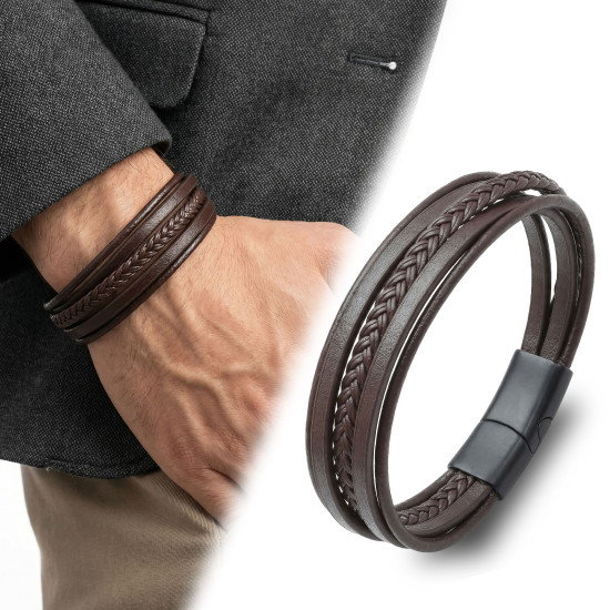 Kahverengi Çoklu El Örgüsü Deri Erkek Bileklik