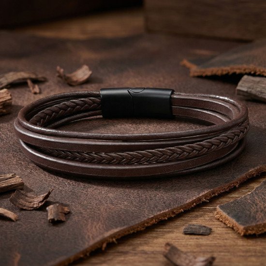 Kahverengi Çoklu El Örgüsü Deri Erkek Bileklik