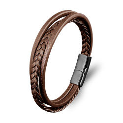 Kahverengi El Örgüsü Çoklu Deri Erkek Bileklik