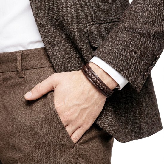 Kahverengi El Örgüsü Çoklu Deri Erkek Bileklik