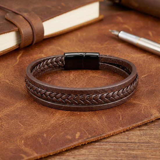 Kahverengi El Örgüsü Çoklu Deri Erkek Bileklik